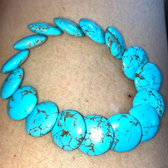 AZTEC SOUTHWESTERN Stretch Bracelet Turquoise Round Flat Stones 8 inch Diameter - Picture 4 of 7